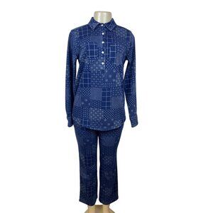 Lands’ End Blue Patchwork Women’s Shirt & Elastic Waist Pants Set Size S - New